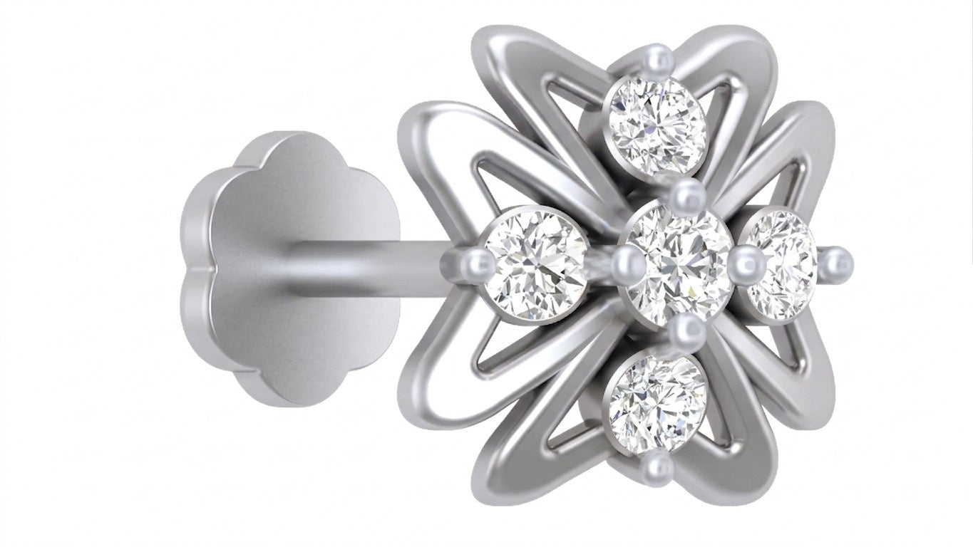 white gold and diamond stud nose pin with diamond-like stones on a white background