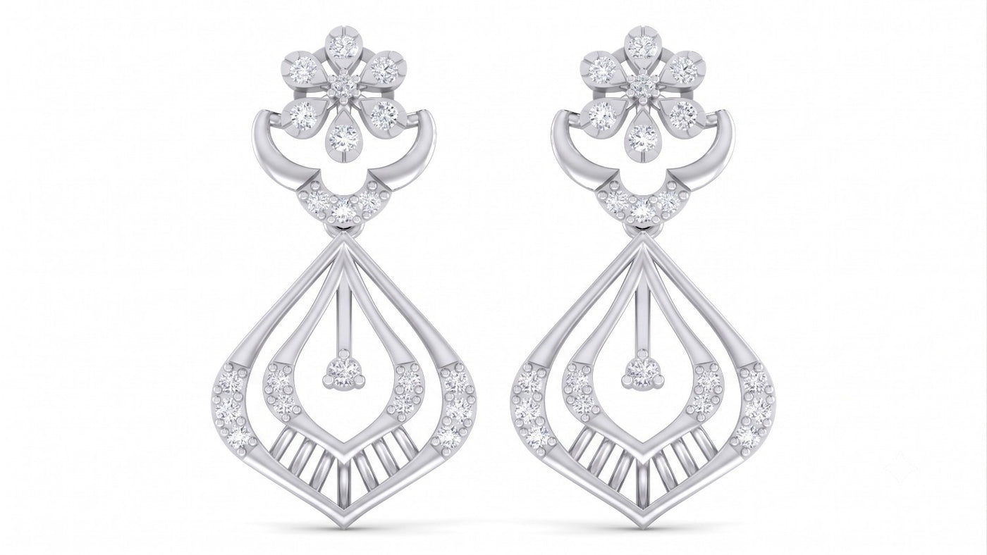 A pair of elegant white gold dangle earrings on a pure white background