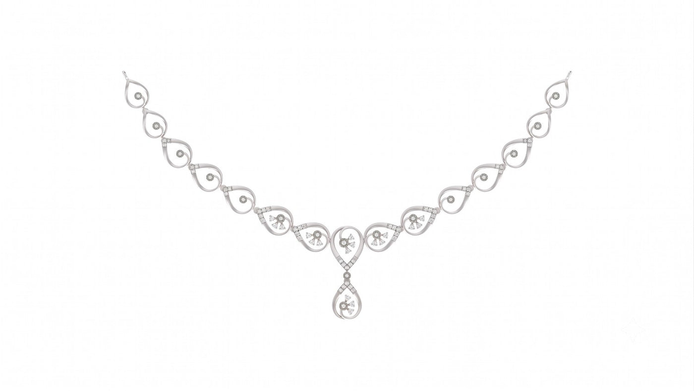 White gold and diamond necklace with a teardrop-shaped design.