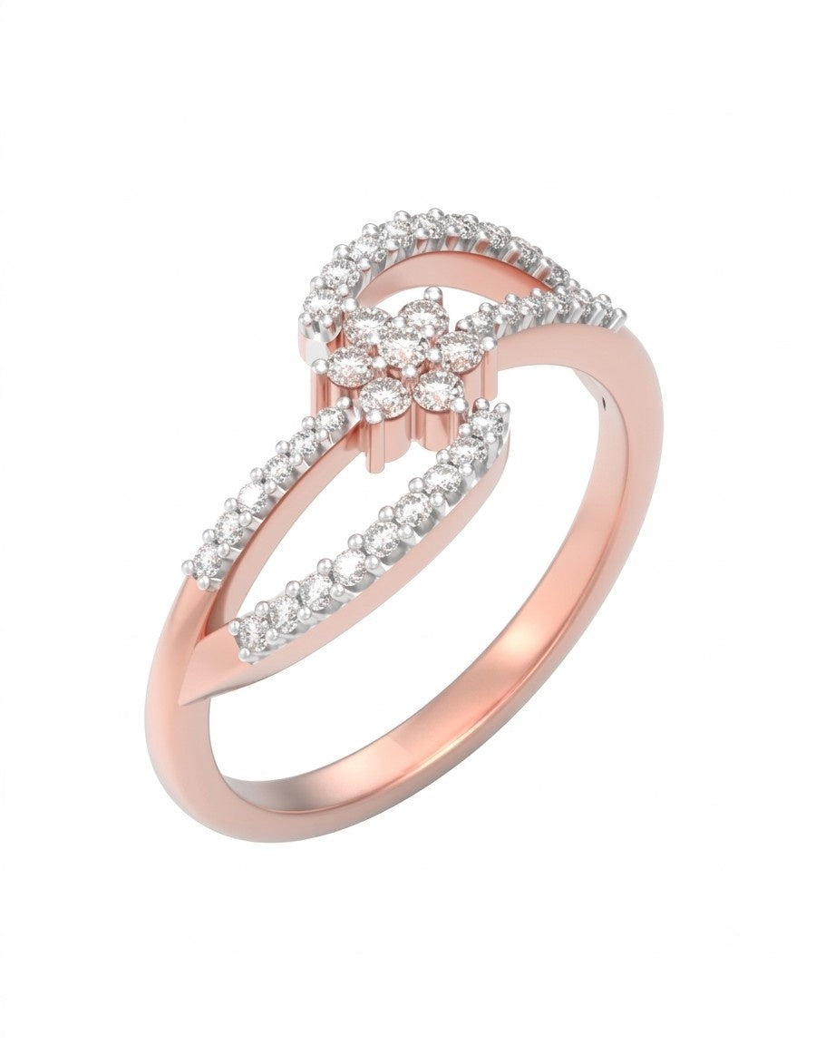 Rose gold ring with diamond accents on a white background