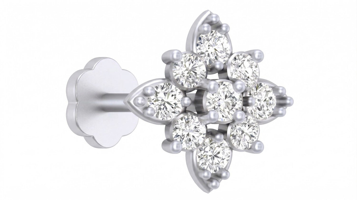 White gold and diamond stud nose pin on a white background