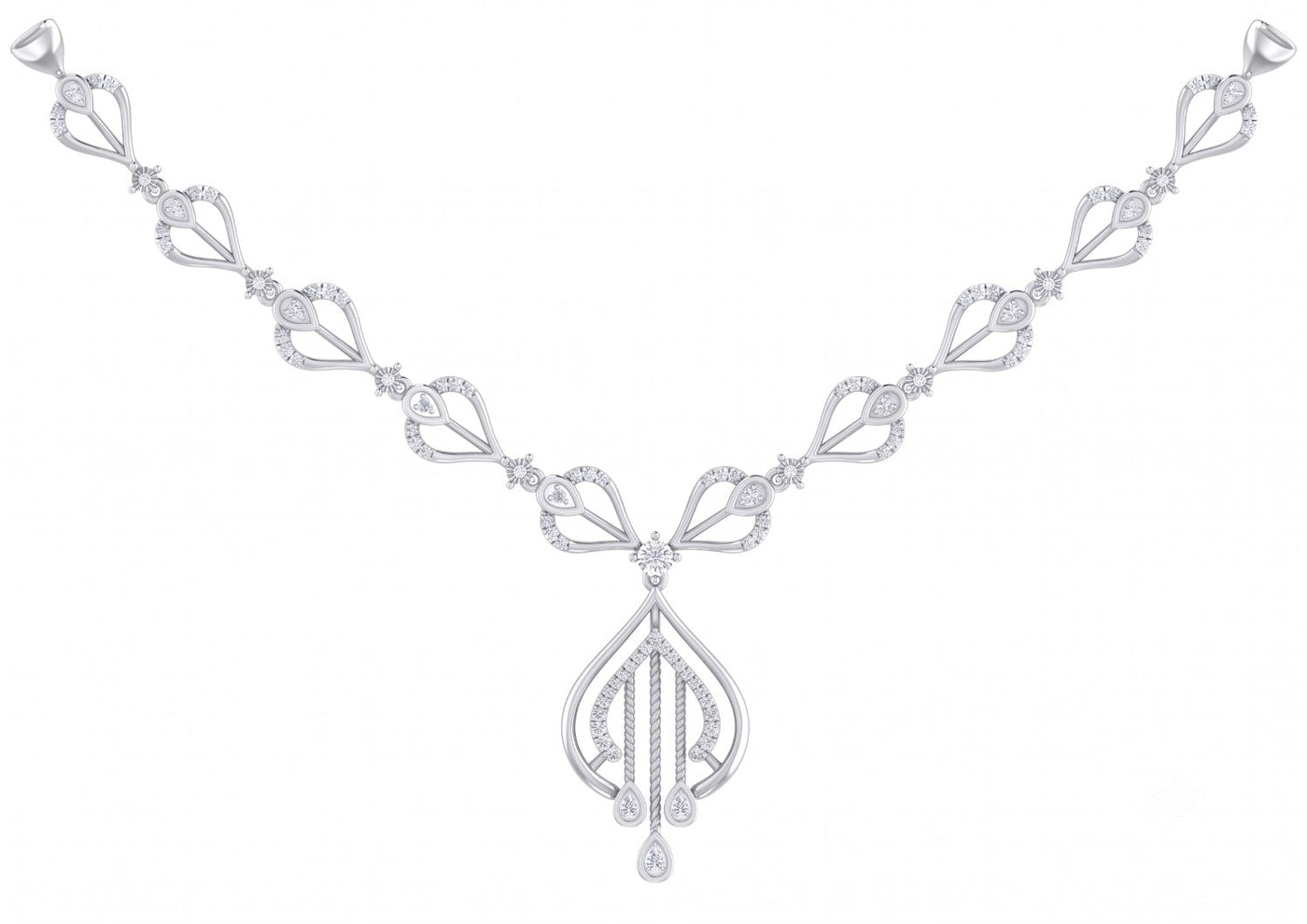 White gold and diamond necklace with openwork leaf links and an intricate chandelier drop.