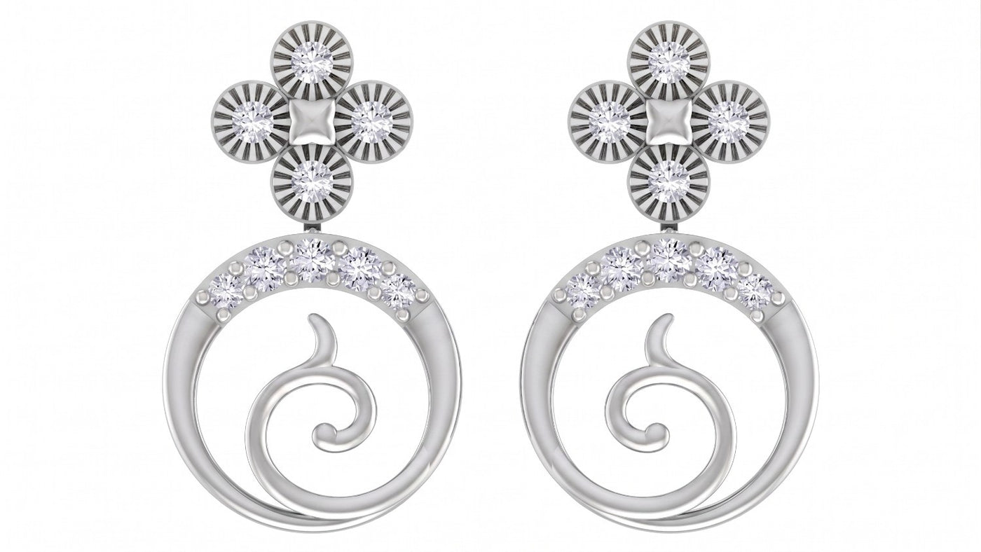White gold and diamond drop earring on a white background.