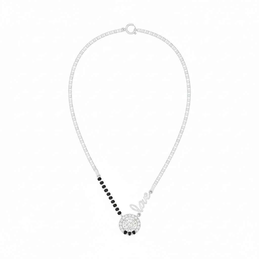 mangalsutra with white gold chain and 'love' on a white background
