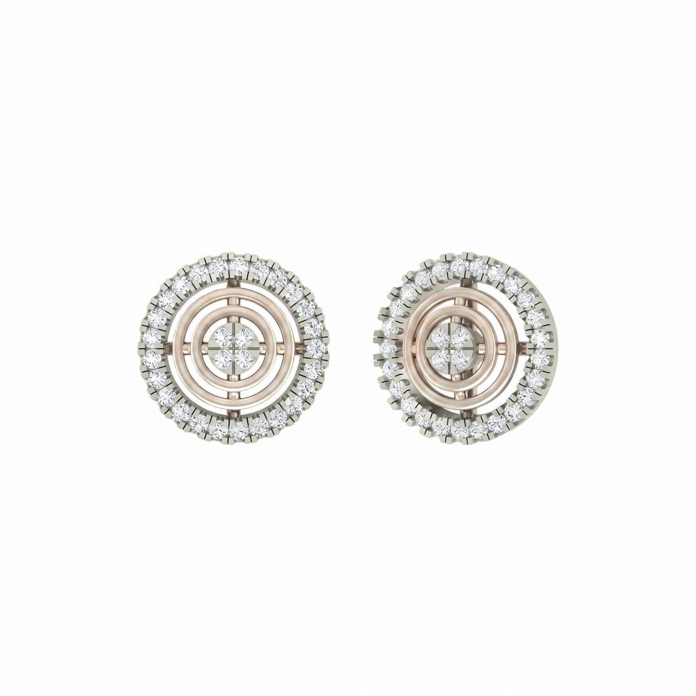 White gold and diamond stud earring with round-shaped on a white background.