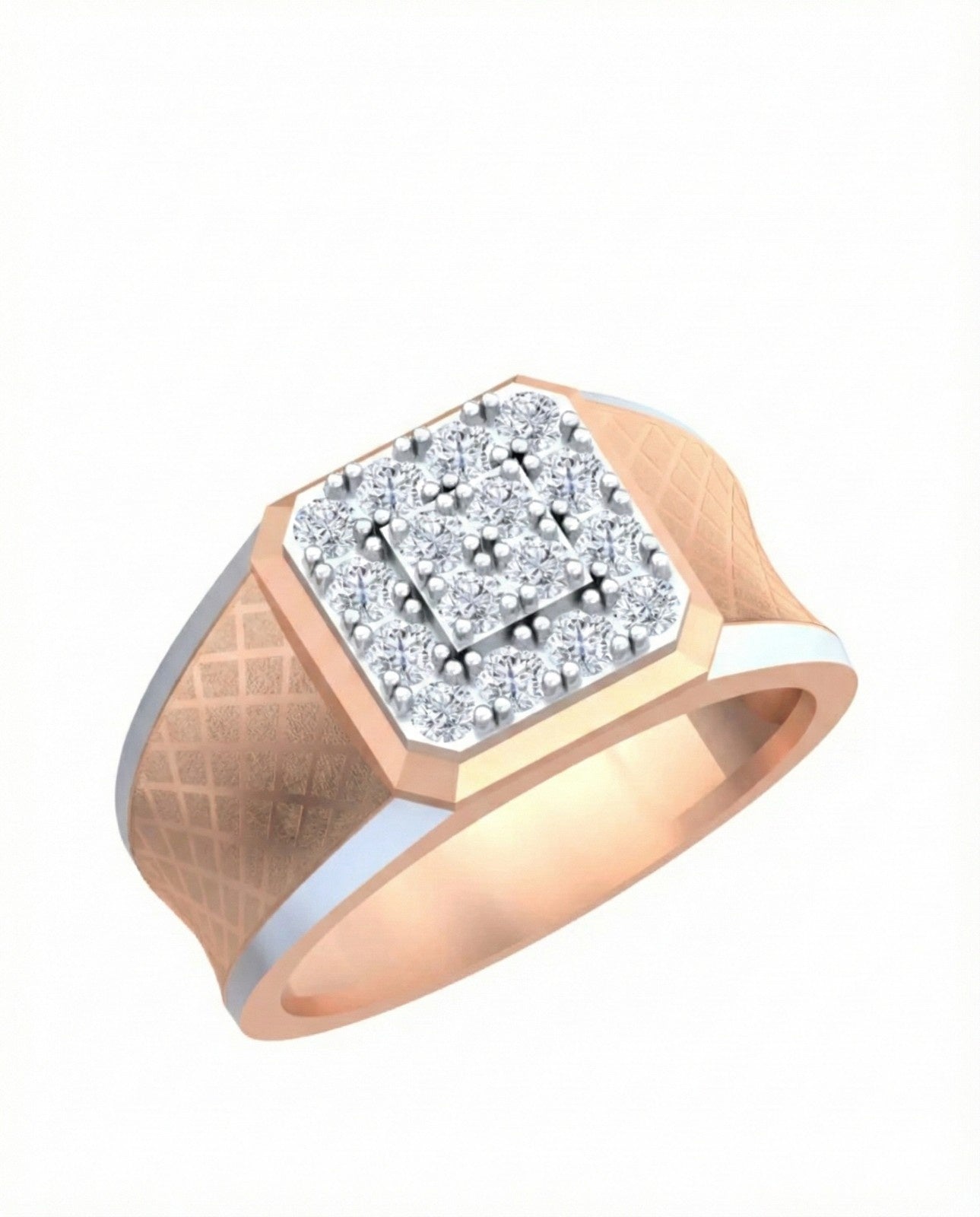 A rose gold ring with a square diamond cluster setting, featuring a textured gold band, shown on a plain white background.