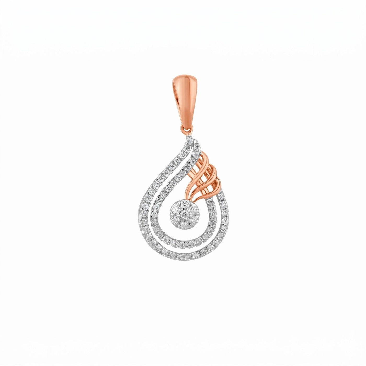Rose gold and diamond drop pendant on white background