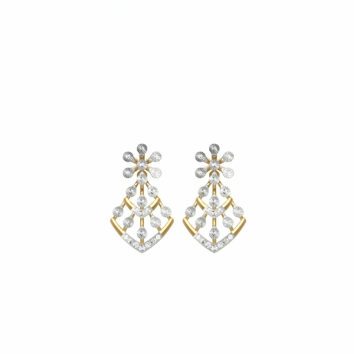 Pair of yellow gold earrings with diamond-like stones on a white background

