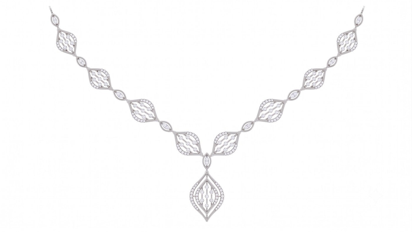 White gold and diamond necklace set, shown on a plain white background.