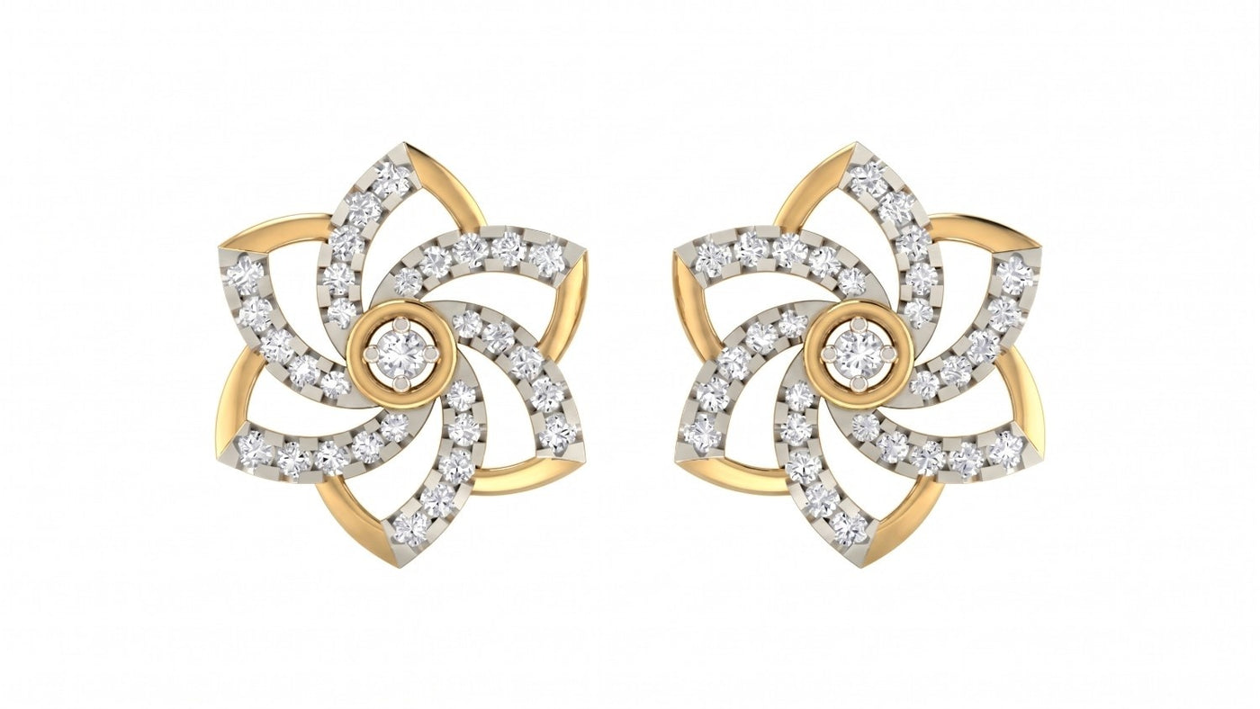 Pair of yellow gold and diamond floral-design stud earrings on a white background