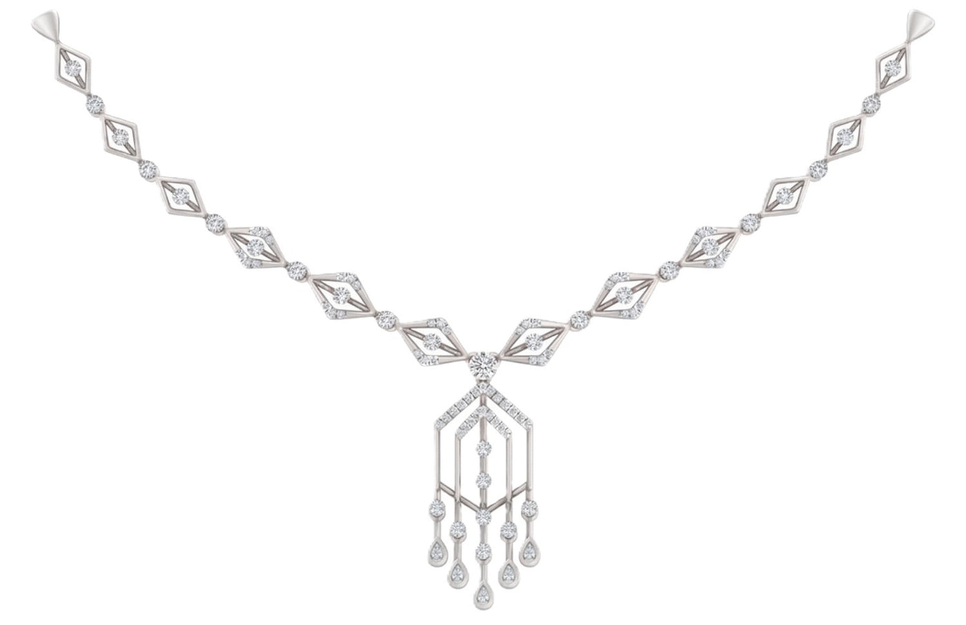 White gold and diamond necklace on a white background
