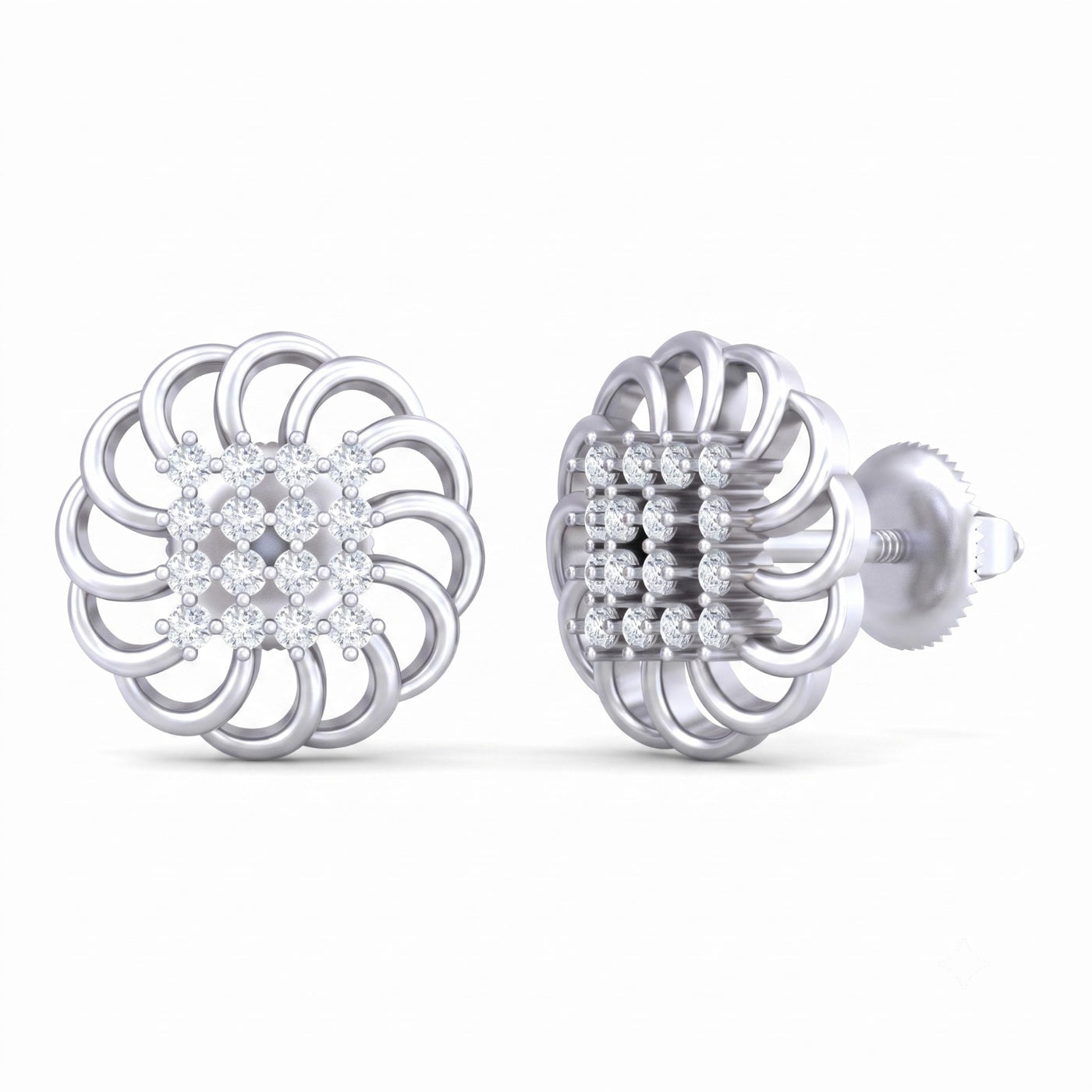 A pair of white gold stud earrings with a central diamond cluster and a swirling
