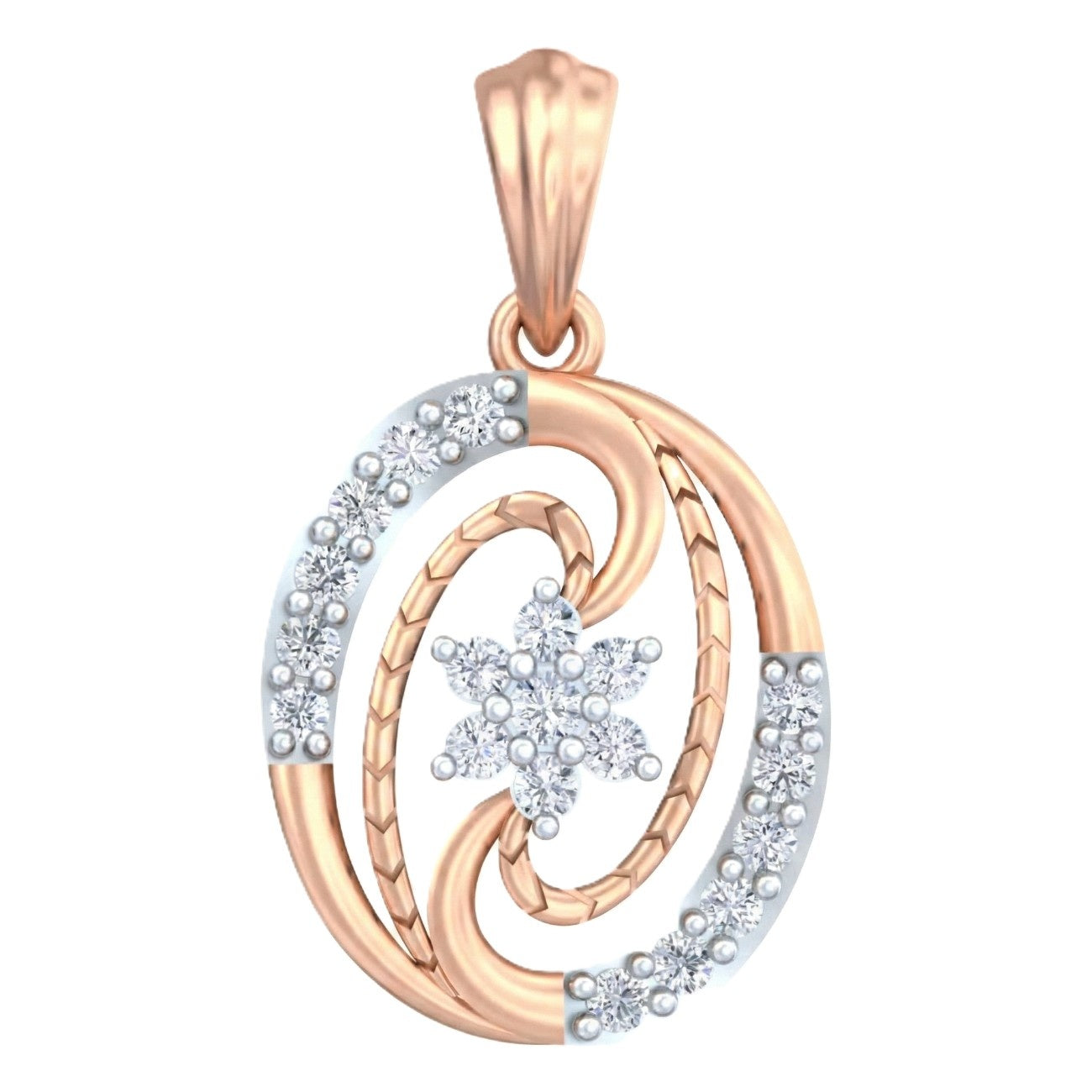 Rose gold and diamond pendant on white background