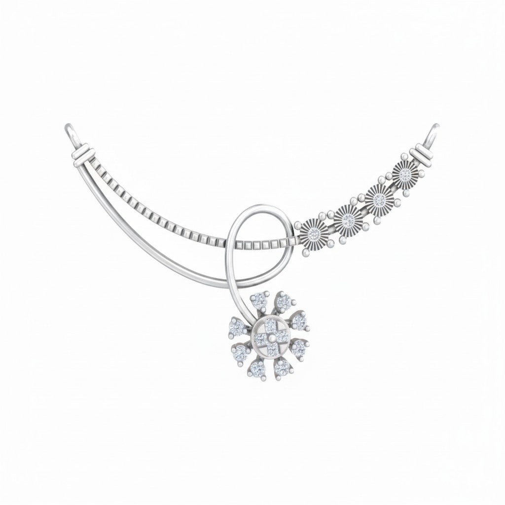 White Gold & Diamond Floral Mangalsutra on white background