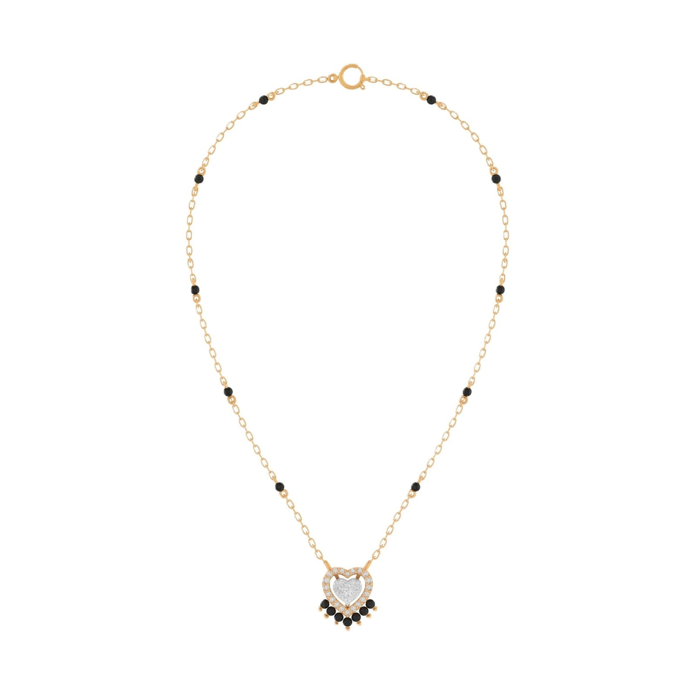 yellow gold and diamond mangalsutra with heart-shaped on a white background