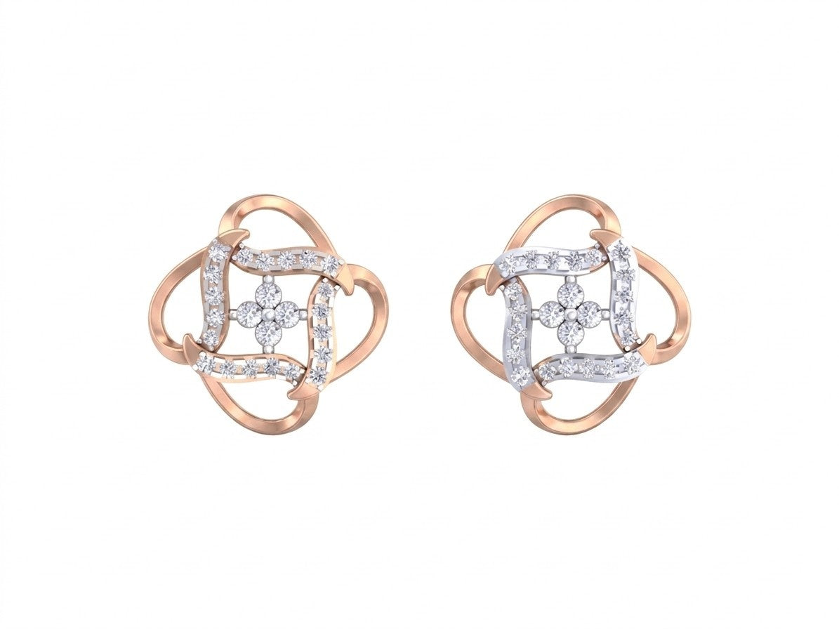 Pair of rose gold and diamond floral-design stud earrings on a white background.