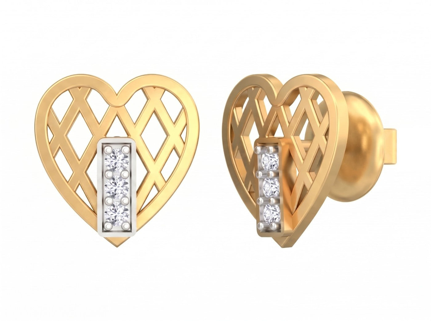 Yellow gold and diamond heart-shaped earrings on a white background