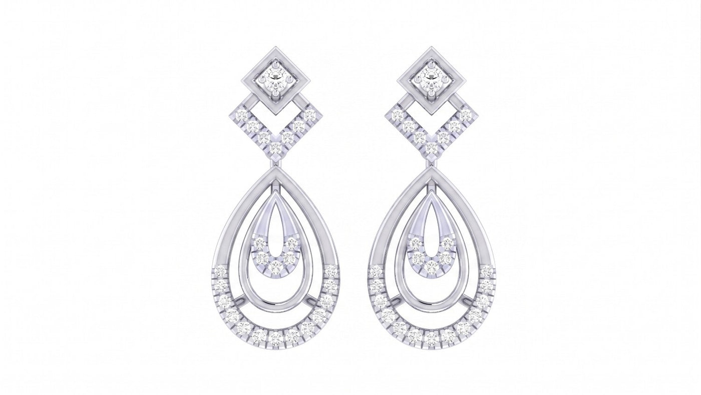 White gold and diamond drop earring with teardrop-shaped on a white background