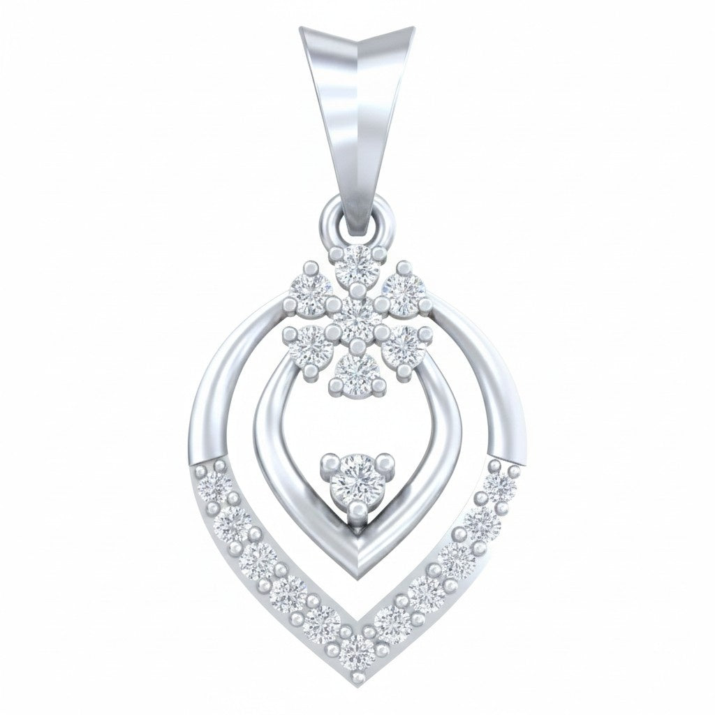 white gold and white gold heart-shaped pendant with clear cubic zirconia stones, shown on a plain white background.