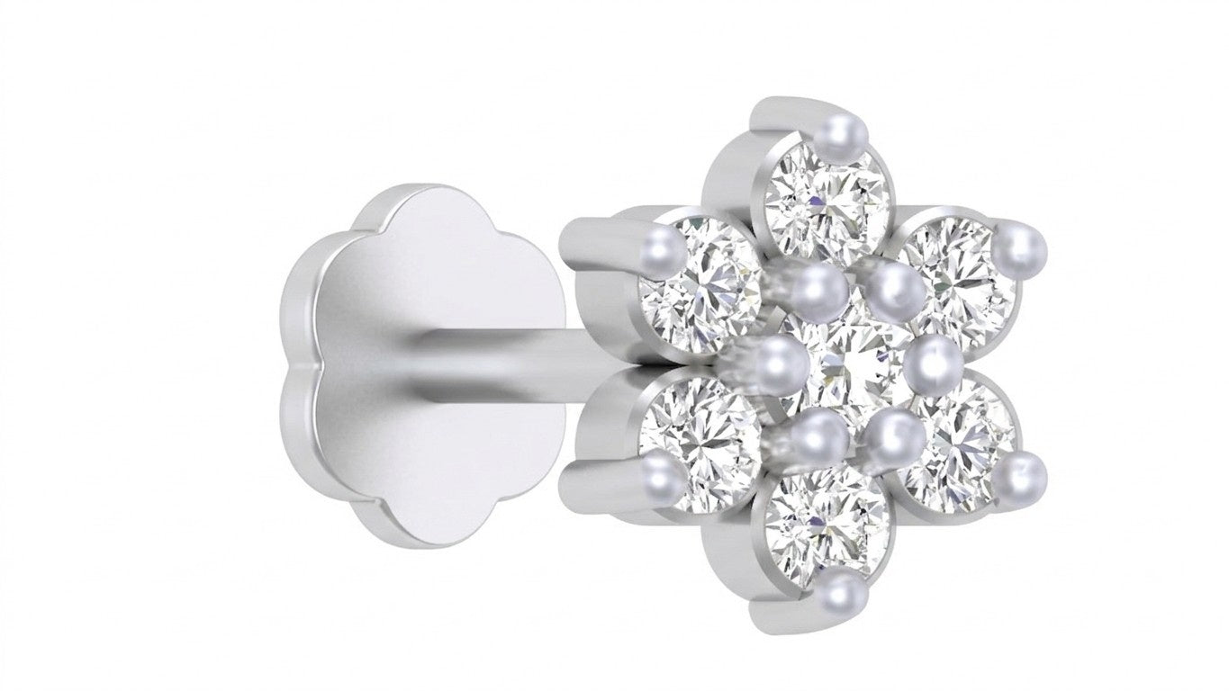White gold and diamond stud nose pin-like stones on a white background
