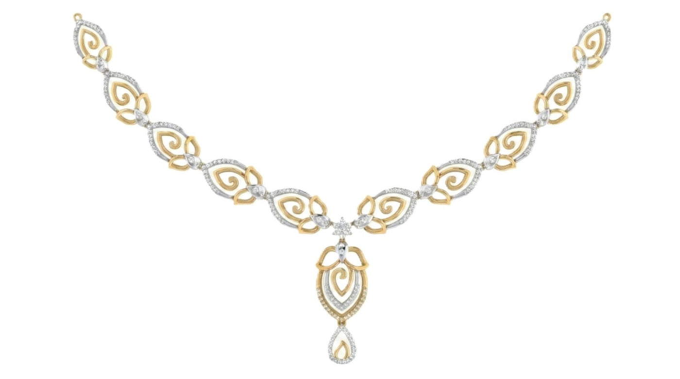 Yellow gold and diamond necklace on a white background