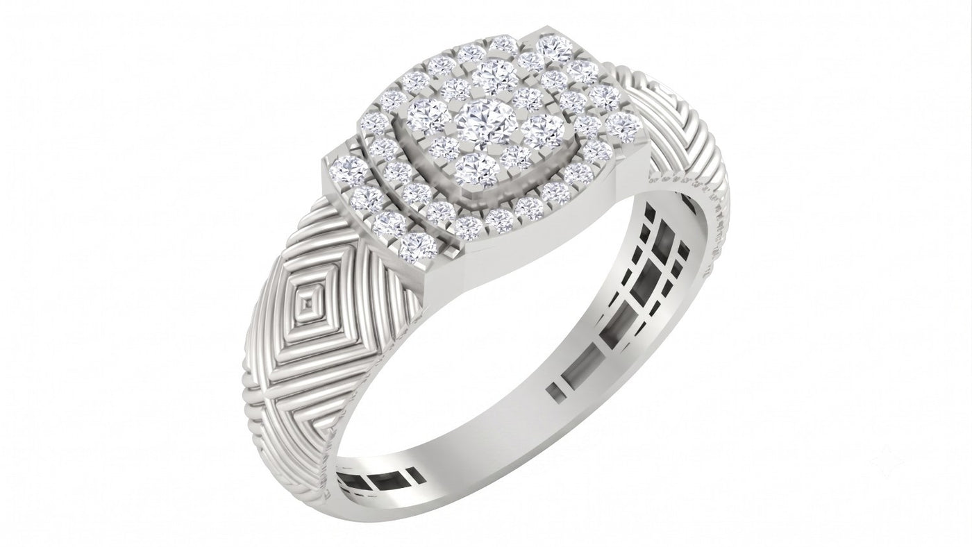 A white gold ring with a square cushion-cut diamond setting, featuring a textured geometric band, shown on a white background.