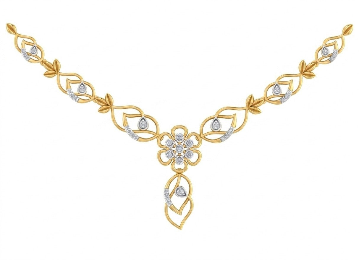 Yellow gold and diamond necklace on a white background