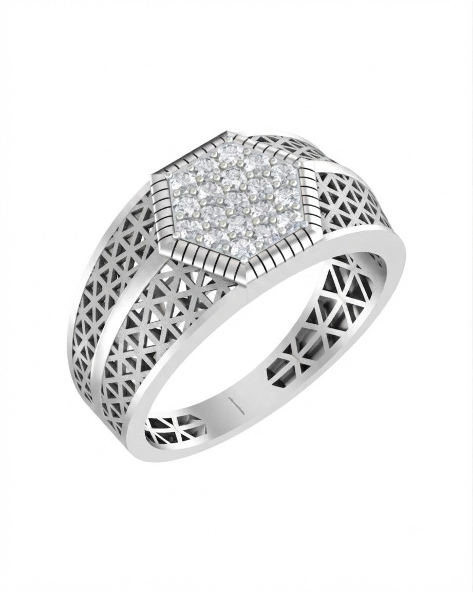 A men's geometric ring featuring a hexagonal pavé diamond center with a white gold and diamond, shown on a plain white background.