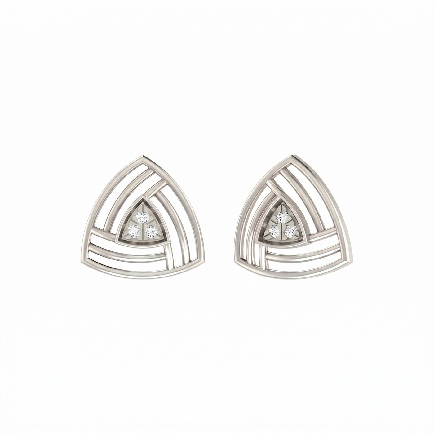 White gold and diamond triangular earrings on a white background