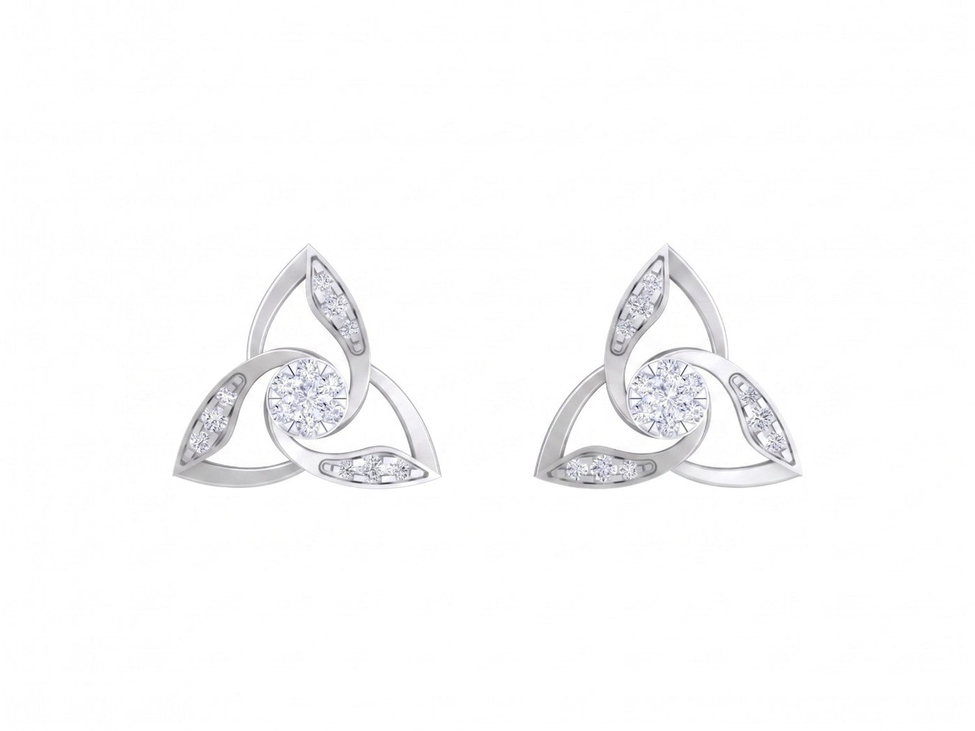 White gold and diamond stud earring with floral-design on a white background.