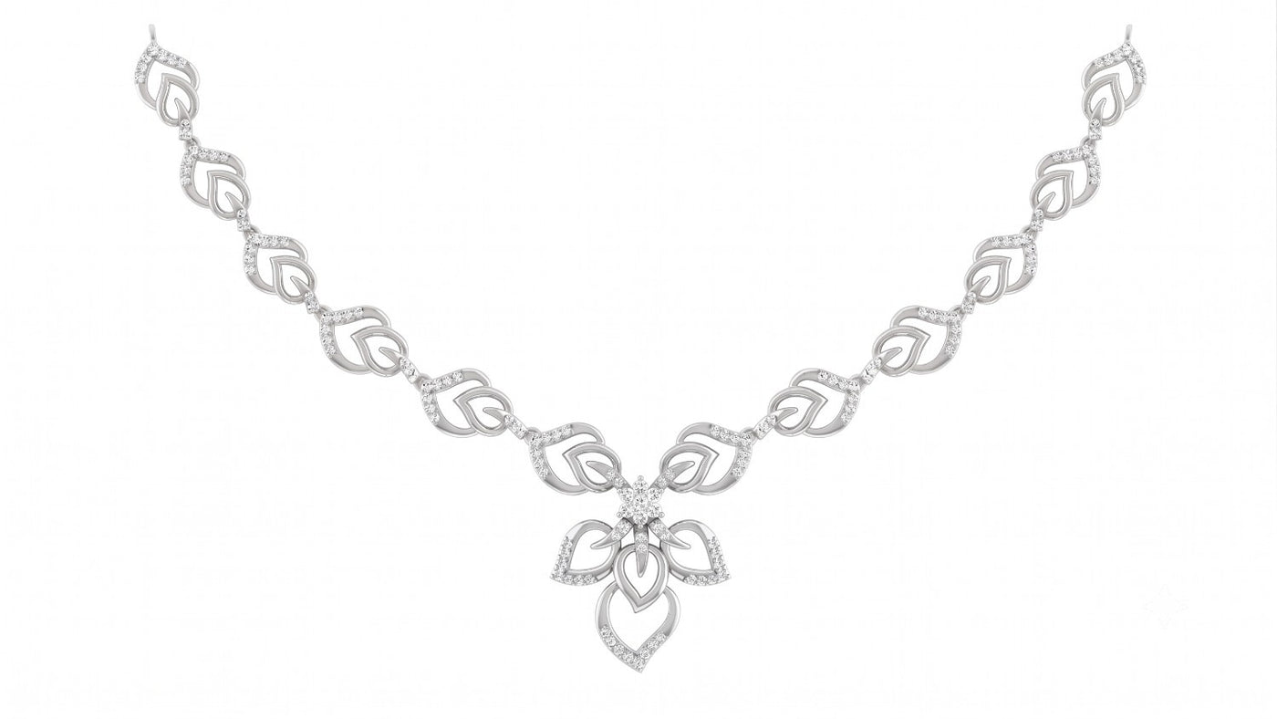 A white gold and diamond necklace with floral shaped, displayed on a clean white background.