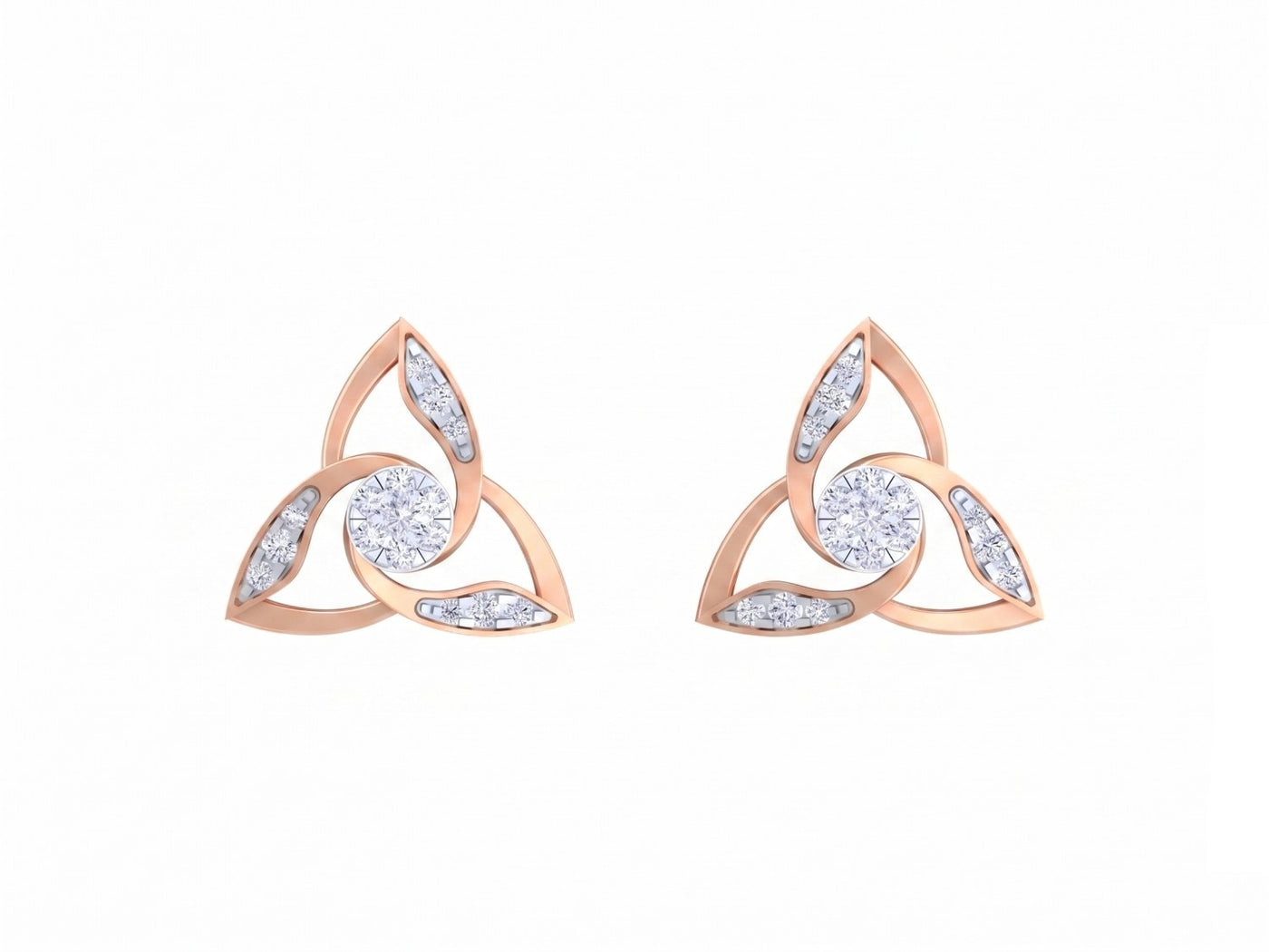 Rose gold and diamond stud earring with floral-design on a white background.