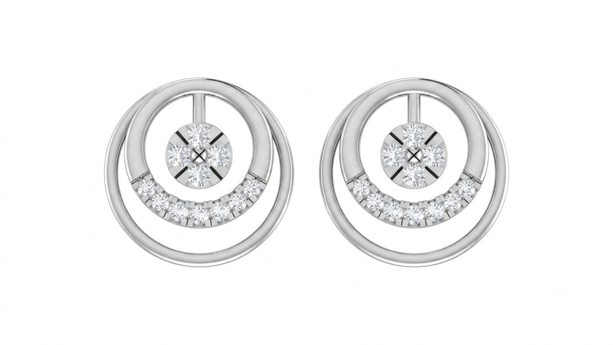 White gold and diamond stud earrings with circular design on a white background