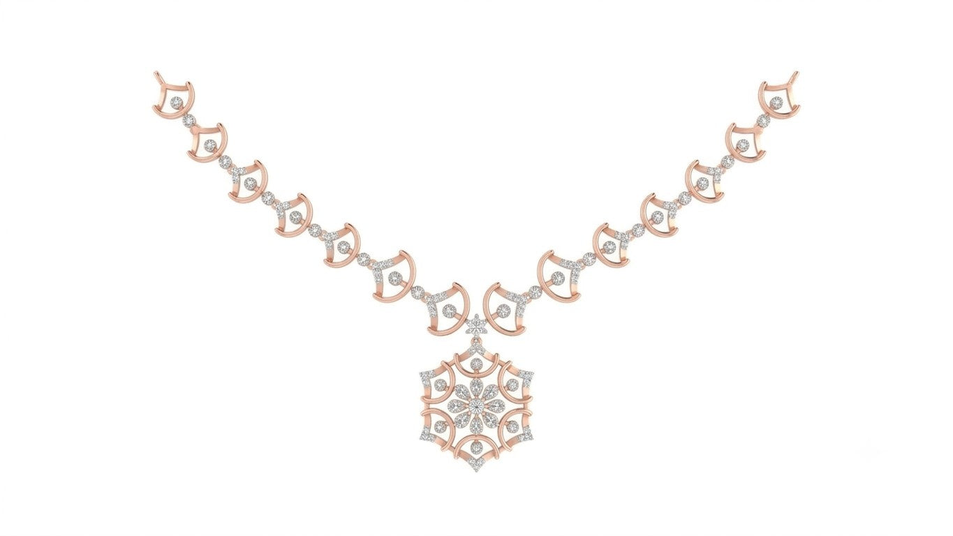 A rose gold and diamond necklace featuring a central geometric, displayed on a solid white background.