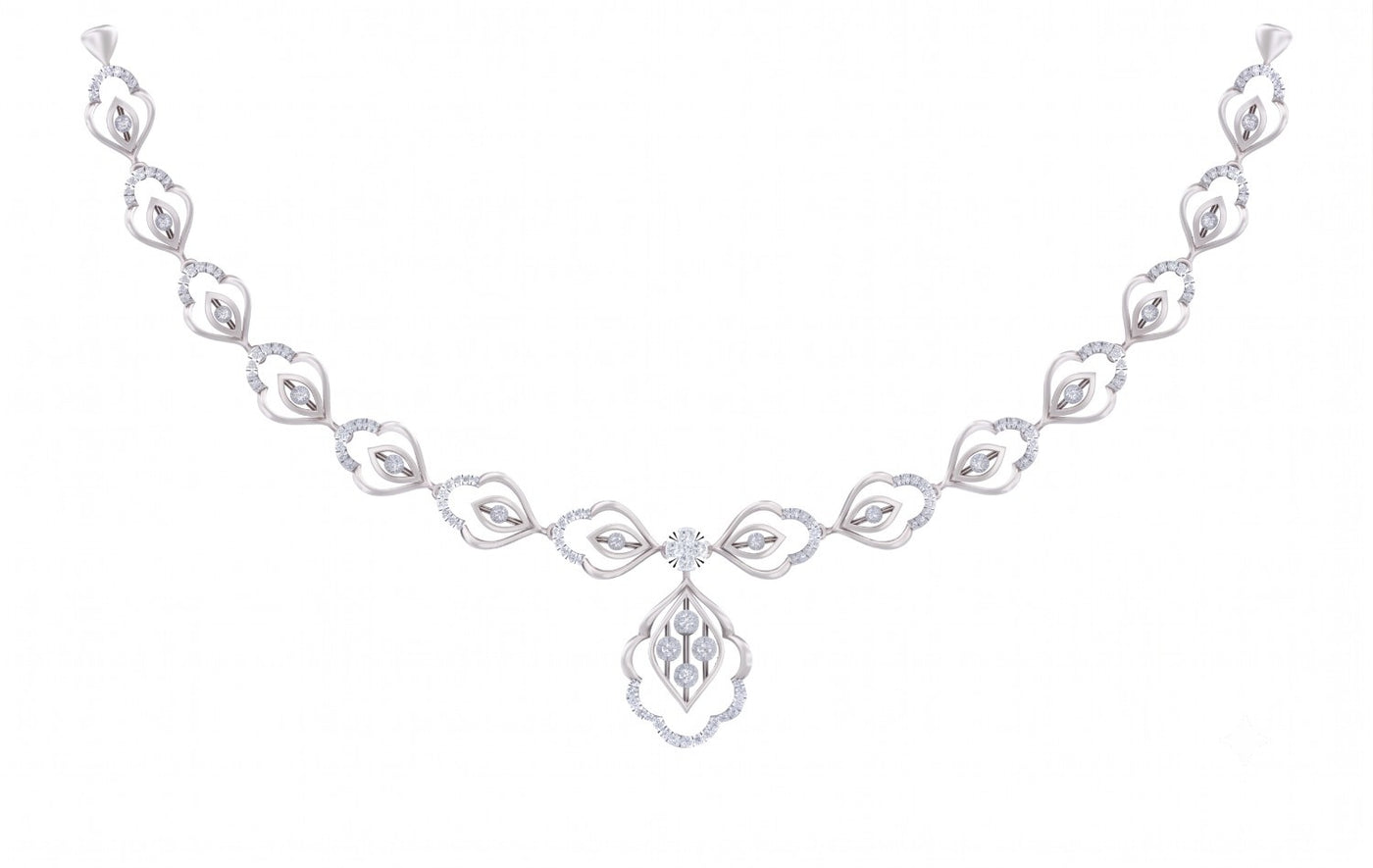 A white gold and diamond necklace with a symmetrical design, featuring floral-shaped motifs on a solid white background.