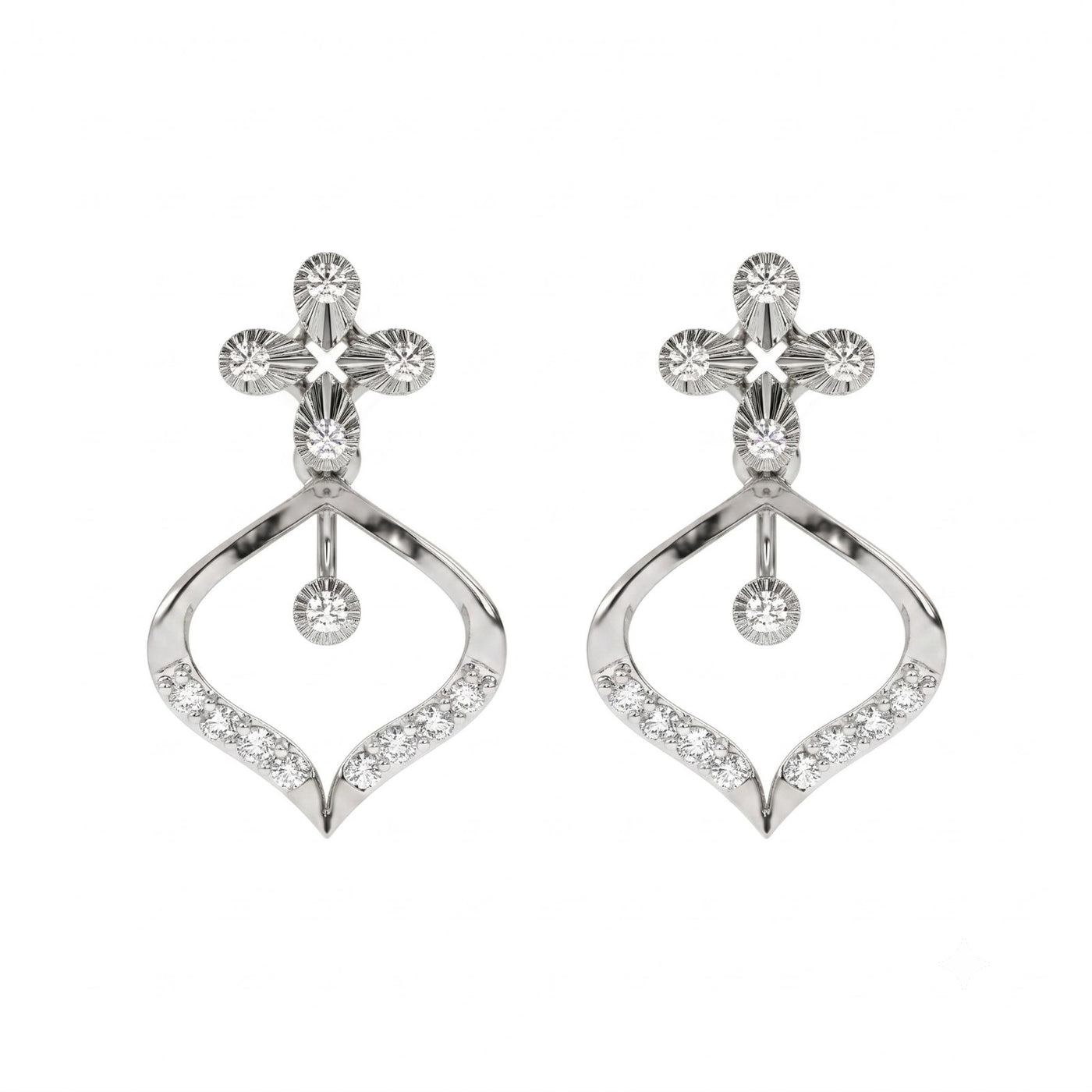 White gold and diamond drop earrings on a white background