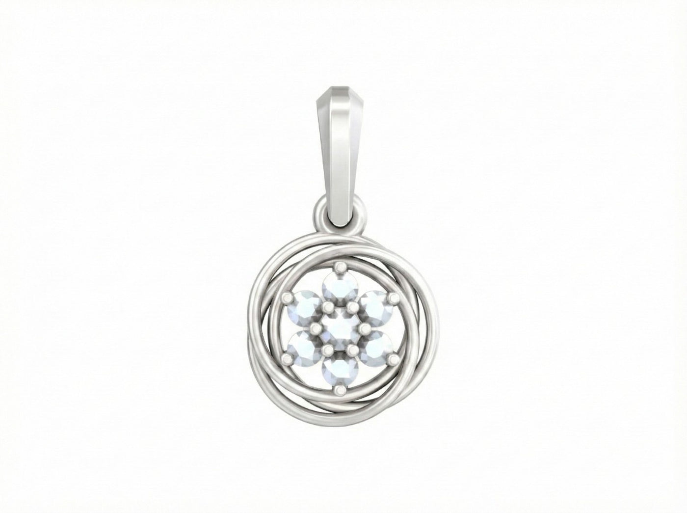 White gold pendant with circular design and small stones on a white background