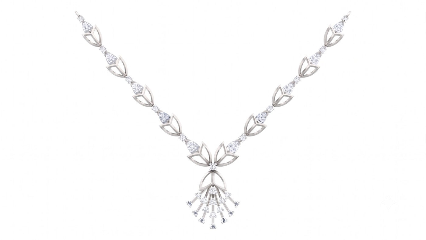 A white gold and diamond necklace featuring a cascading diamond drop, set against a plain white background.