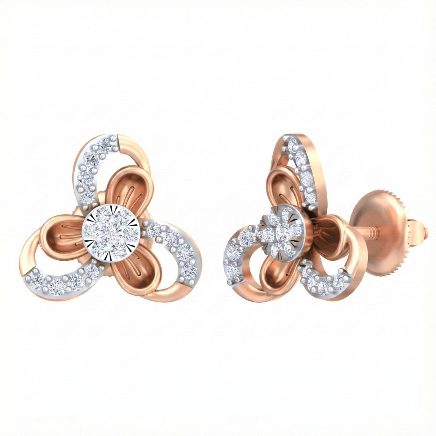 Rose gold and diamond stud earring with floral-design on a white background.