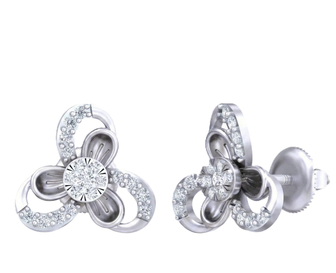 White gold and diamond stud earring with floral-design on a white background.