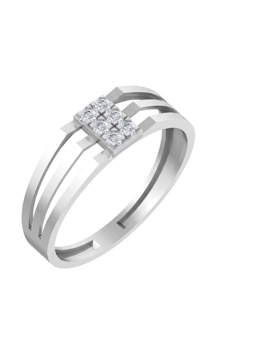 A white gold and diamond band ring with a square cluster on a white background.