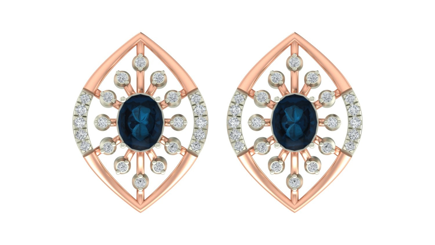 Rose gold and diamond stud earring with sapphire on a white background.