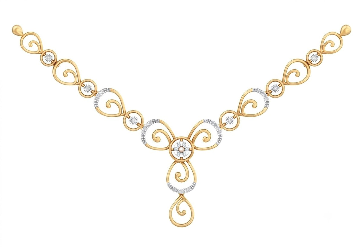 A yellow gold and diamond necklace with a symmetrical scroll design, shown on a plain white background.