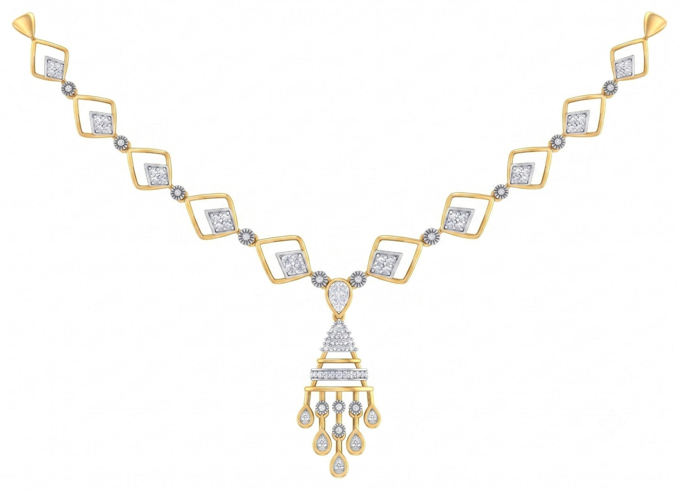 Yellow gold and diamond necklace with a geometric design, shown on a plain white background.