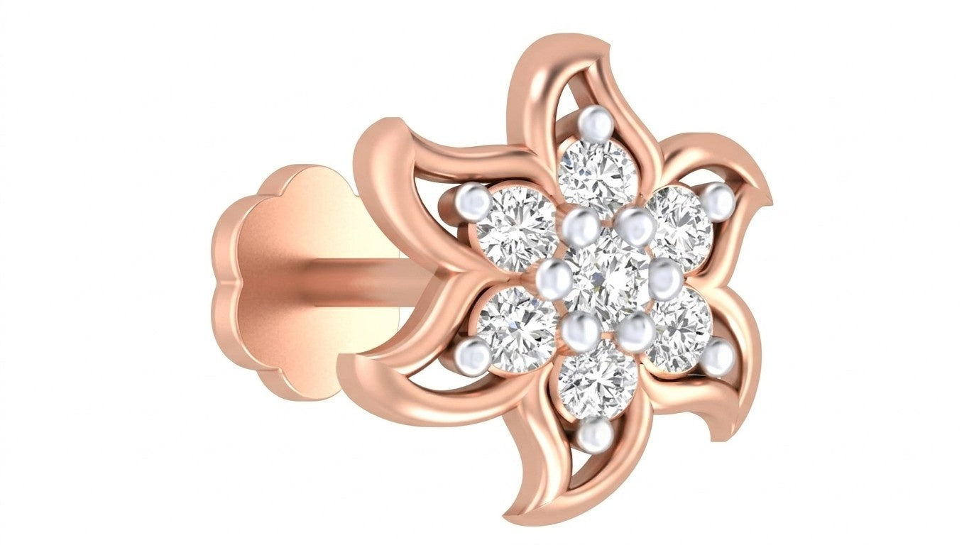 Rose Gold and diamond stud nose pin flowers on a white background