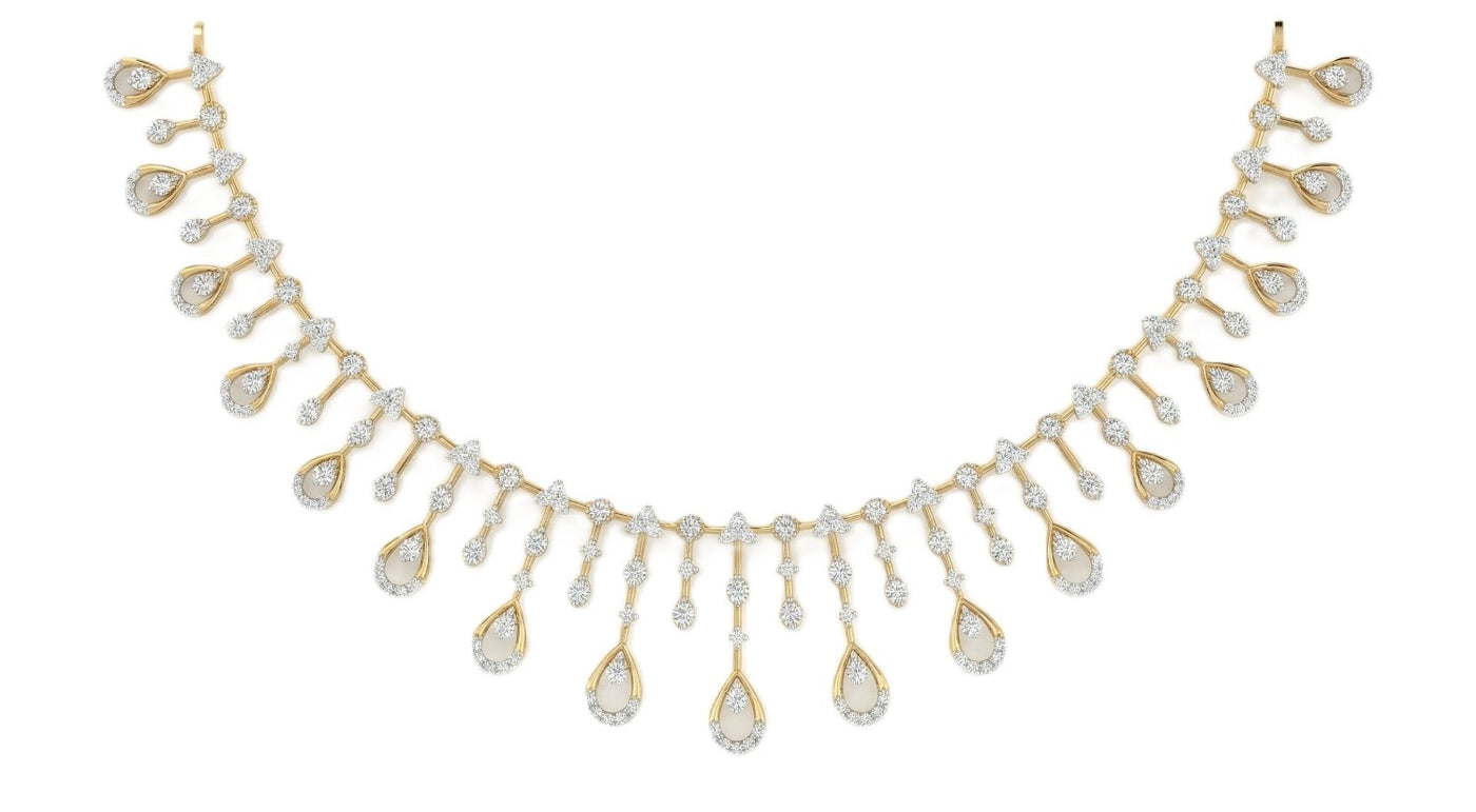 Yellow gold necklace with teardrop-shaped pearls on a white background