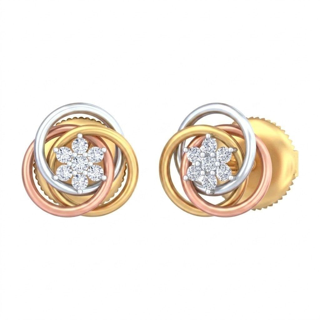 Pair of earrings with interlocking rings in yellow gold, white gold, and rose gold on a white background.