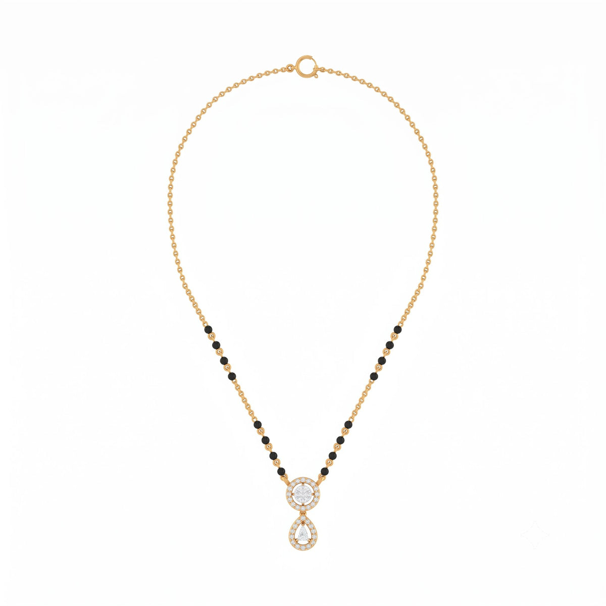 Yellow gold & diamond beaded mangalsutra on white background