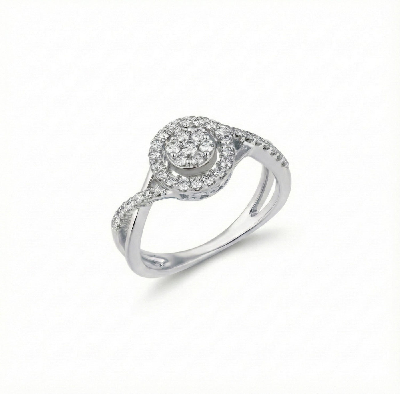 White gold ring with diamond accents on a white background