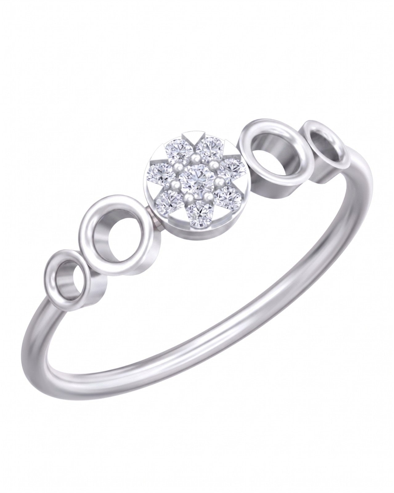 White gold ring with a floral diamond design on a white background